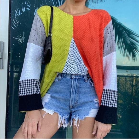 Mixed Media Quilt Long Sleeve Sweater Top M - Picture 1 of 7